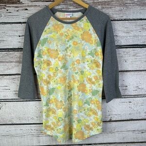 LuLaRoe Randy Baseball Tee Size Medium Yellow Orange Floral Pattern Gray Sleeves